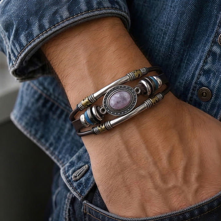 Armband im Südwest-Vintage-Stil aus Edelstahl, Leder und ovalem Naturstein - image 1