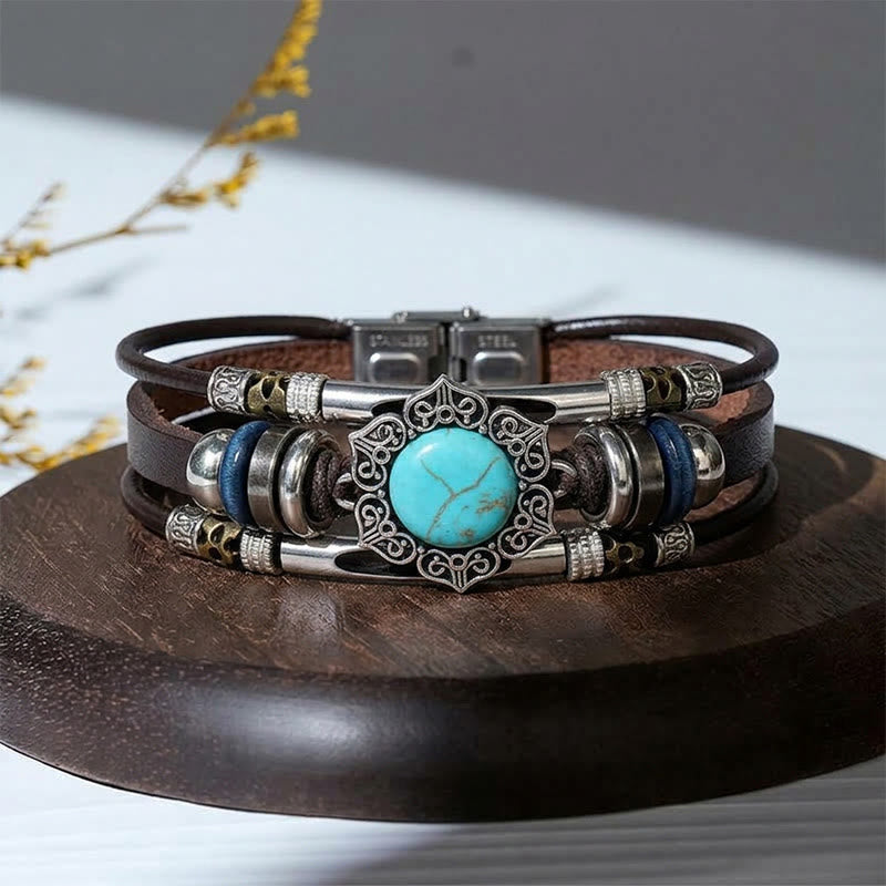 Armband im Südwest-Vintage-Stil aus Edelstahl, Leder und ovalem Naturstein - Stil Nr. 1 - image 0