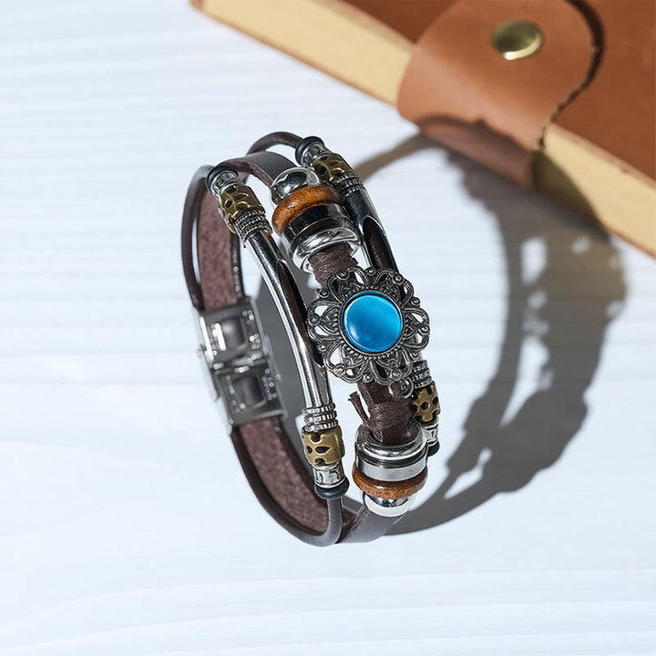 Armband aus Leder und Edelstahl mit mehrlagigem Muster, verziert mit westlichen Blumenmotiven und Edelsteinen - image 0