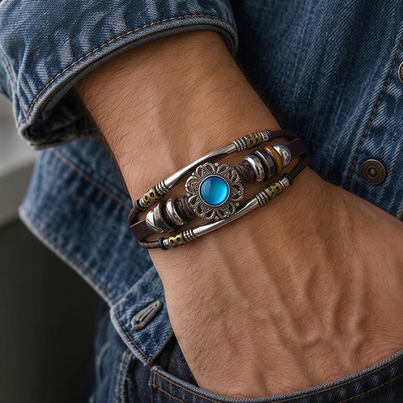 Armband aus Leder und Edelstahl mit mehrlagigem Muster, verziert mit westlichen Blumenmotiven und Edelsteinen - image 1
