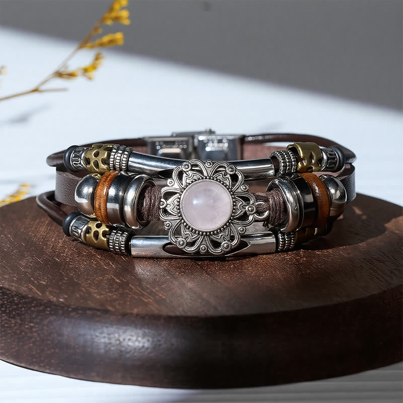 Armband aus Leder und Edelstahl mit mehrlagigem Muster, verziert mit westlichen Blumenmotiven und Edelsteinen - image 4