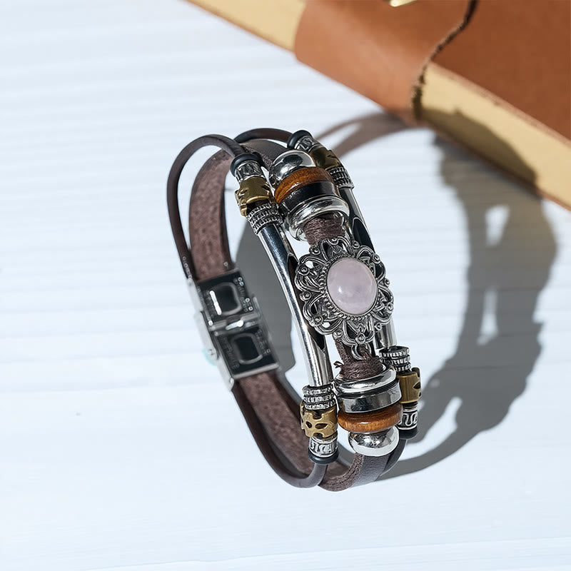 Armband aus Leder und Edelstahl mit mehrlagigem Muster, verziert mit westlichen Blumenmotiven und Edelsteinen - image 3