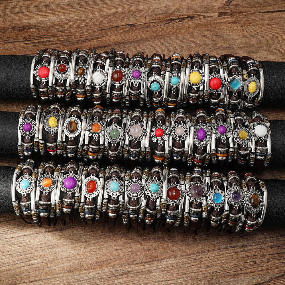 Vintage Boho Katzenaugen-Stein Filigran Lederarmband - 2-teiliges Set (Farbe/Stil zufällig) - image 0