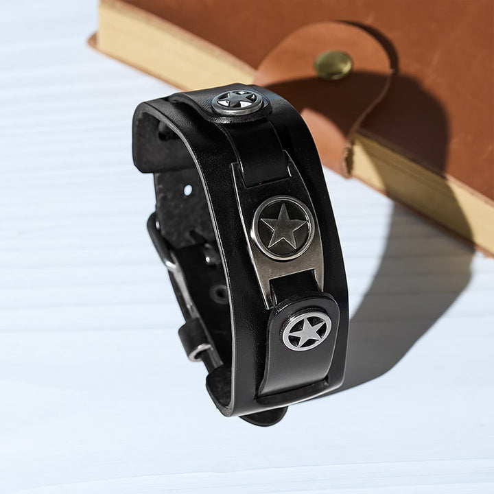 Vintage-Armband aus Leder mit Sternenbesatz und Nadelverschluss - Schwarz - image 0