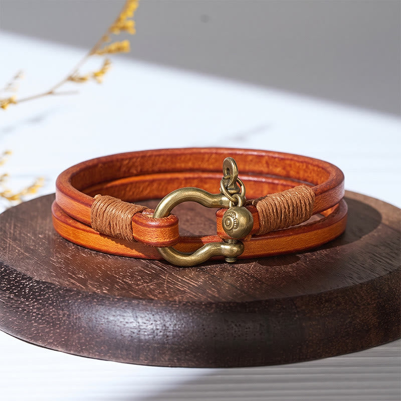 Vintage Herrenarmband aus Leder mit zweifacher Wicklung und Hufeisenverschluss - Gelb - image 3