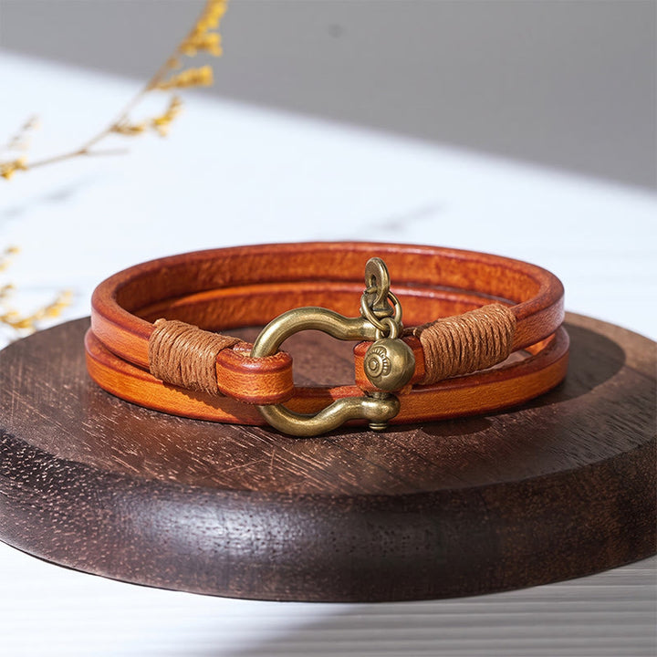 Vintage Herrenarmband aus Leder mit zweifacher Wicklung und Hufeisenverschluss - Gelb - image 3