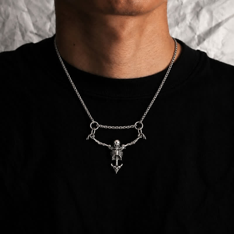 Gothic Vintage Silber Hängender Skelettanhänger Halloween-Halskette - image 1