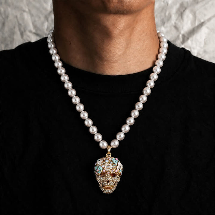 Perlenkette mit floralem Kristall-Strass-Zuckerschädel-Motiv - image 1