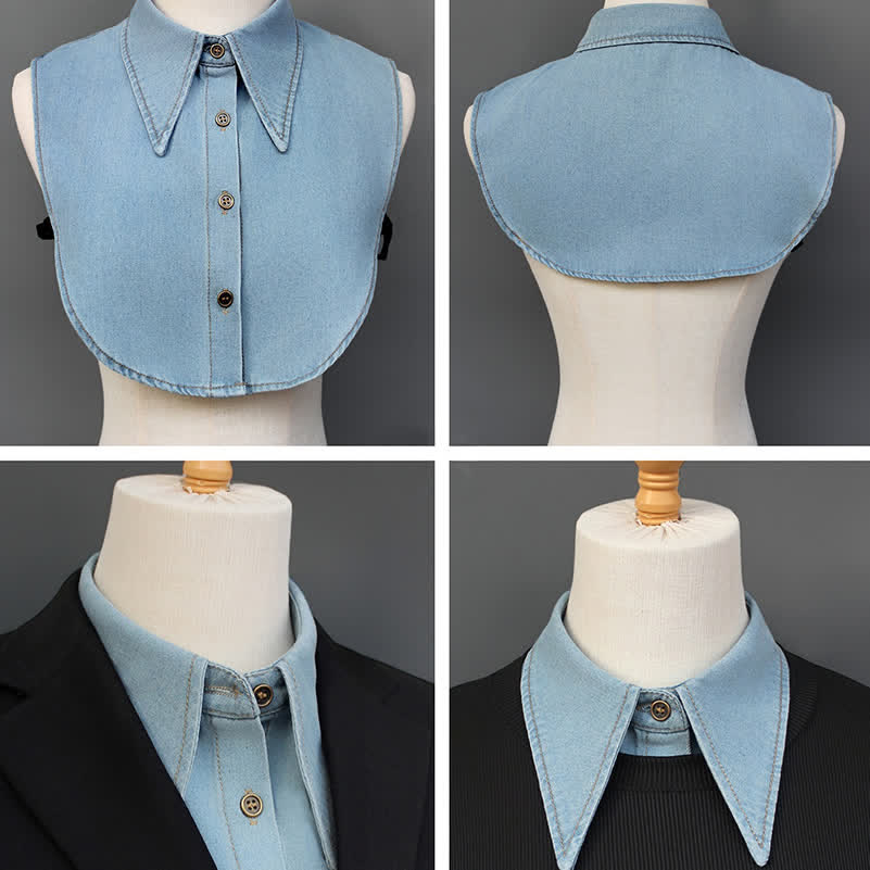 Klassischer, spitz zulaufender Denim-Hemd mit abnehmbarem, großem, spitz zulaufendem Zierkragen - image 2