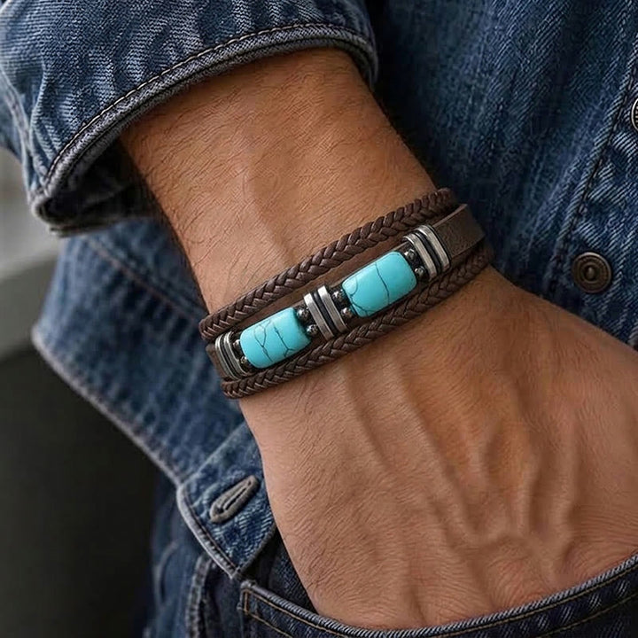 Herrenarmband aus geflochtenem Leder im Western-Stil mit Türkis-Akzenten - image 1