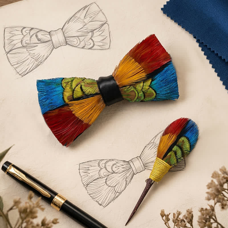 Mehrfarbige Fiesta-Karnevals-Fliege mit Federn und Anstecknadel - image 0
