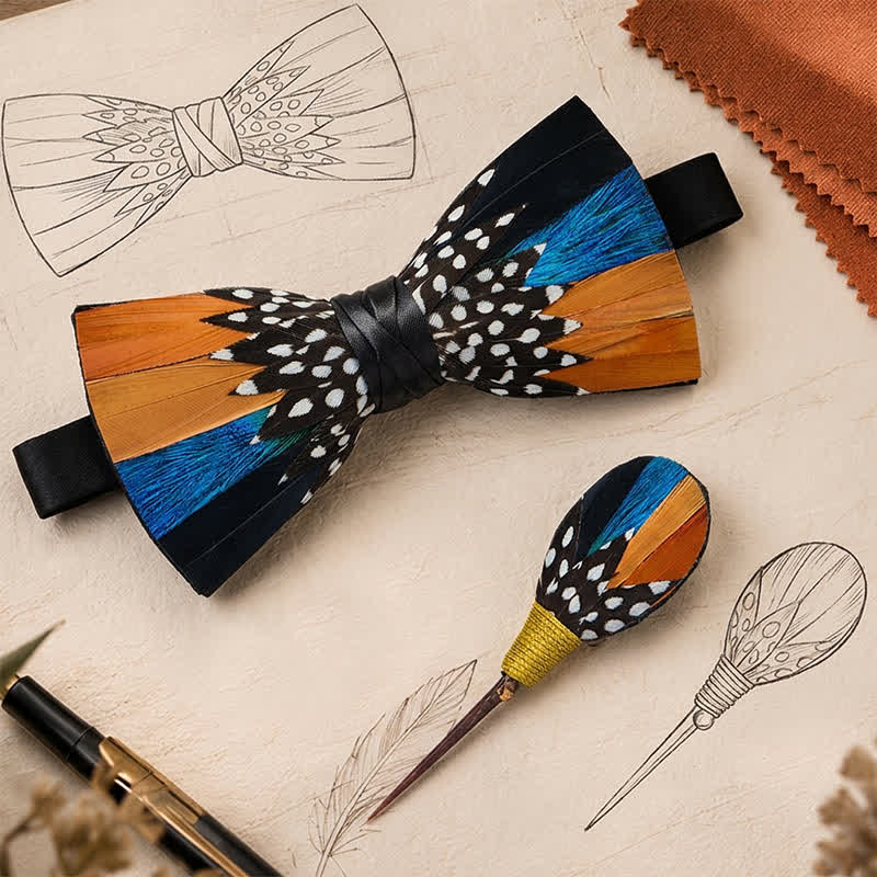 Fliege mit orange-blauen Savannenflecken und Polka-Dots sowie Anstecknadel - image 0
