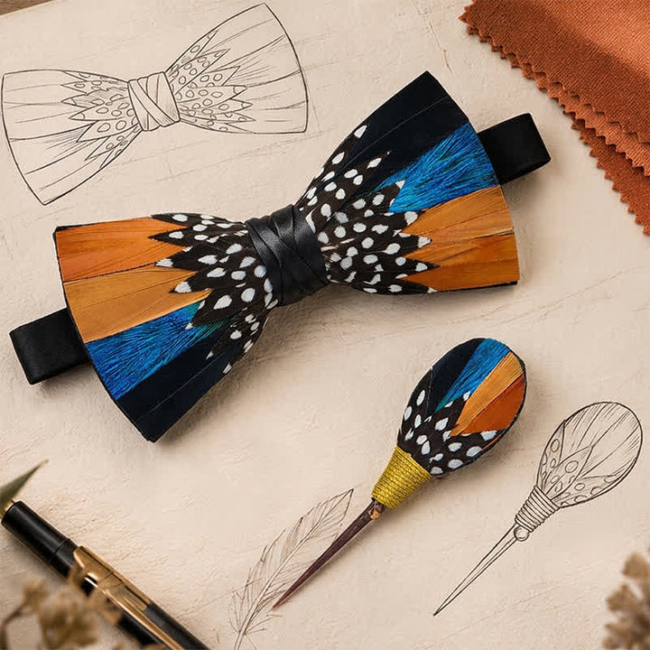 Fliege mit orange-blauen Savannenflecken und Polka-Dots sowie Anstecknadel - image 0