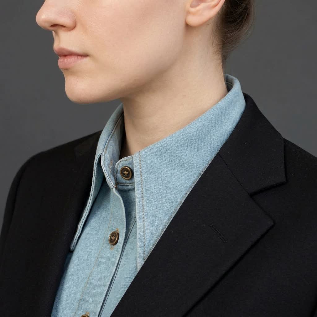 Klassischer, spitz zulaufender Denim-Hemd mit abnehmbarem, großem, spitz zulaufendem Zierkragen - image 0