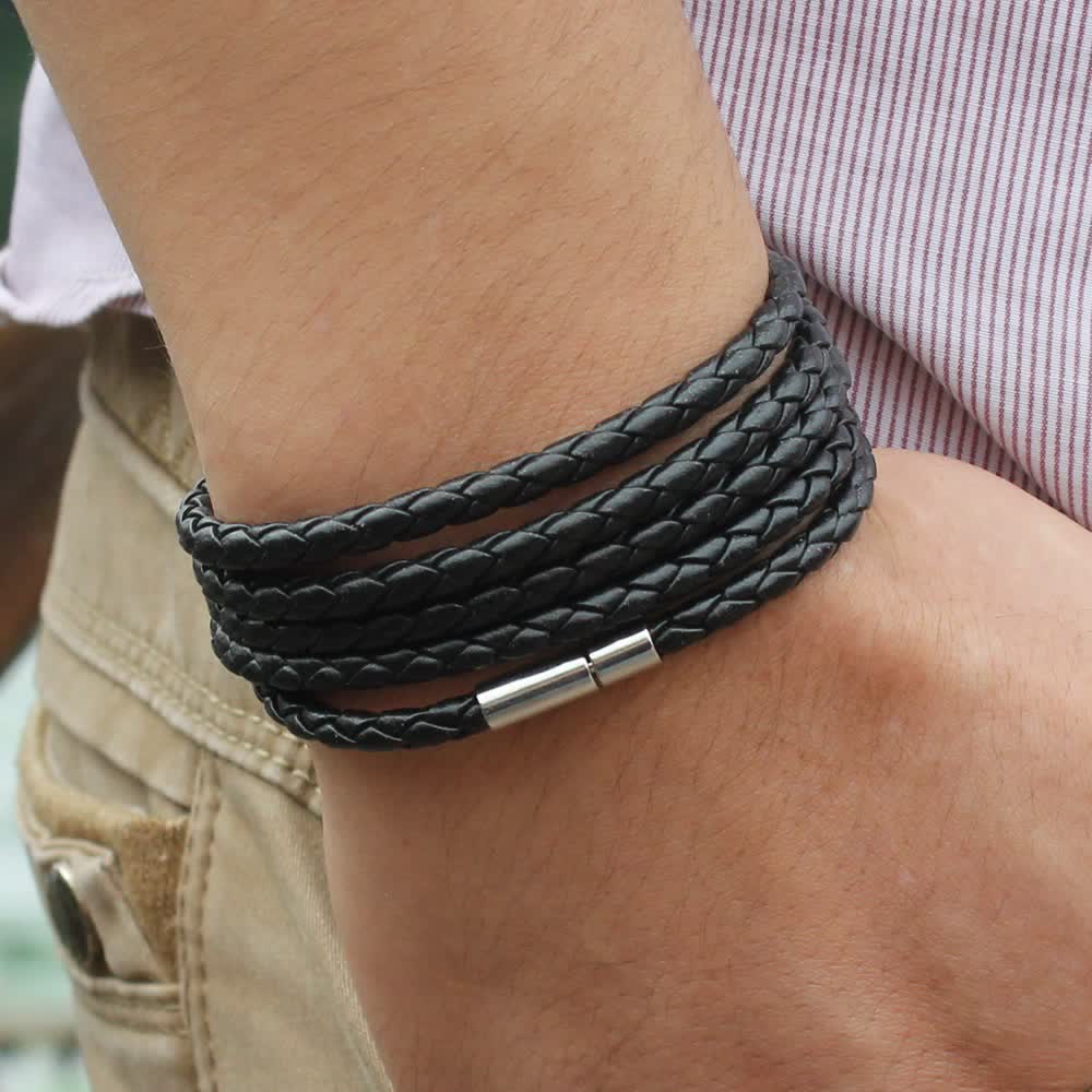 Mehrlagiges Armband aus geflochtenem PU-Leder mit Magnetverschluss - Schwarz - image 0