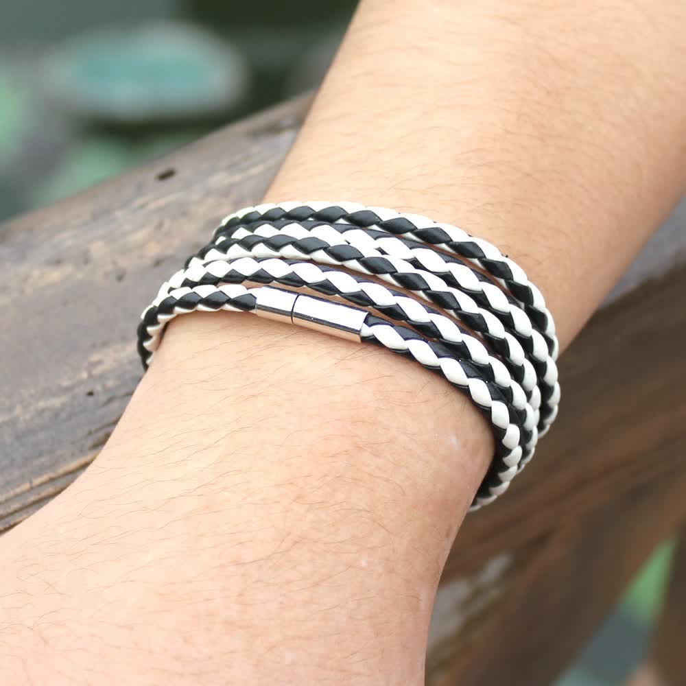 Mehrlagiges Armband aus geflochtenem PU-Leder mit Magnetverschluss - Schwarzweiß - image 8