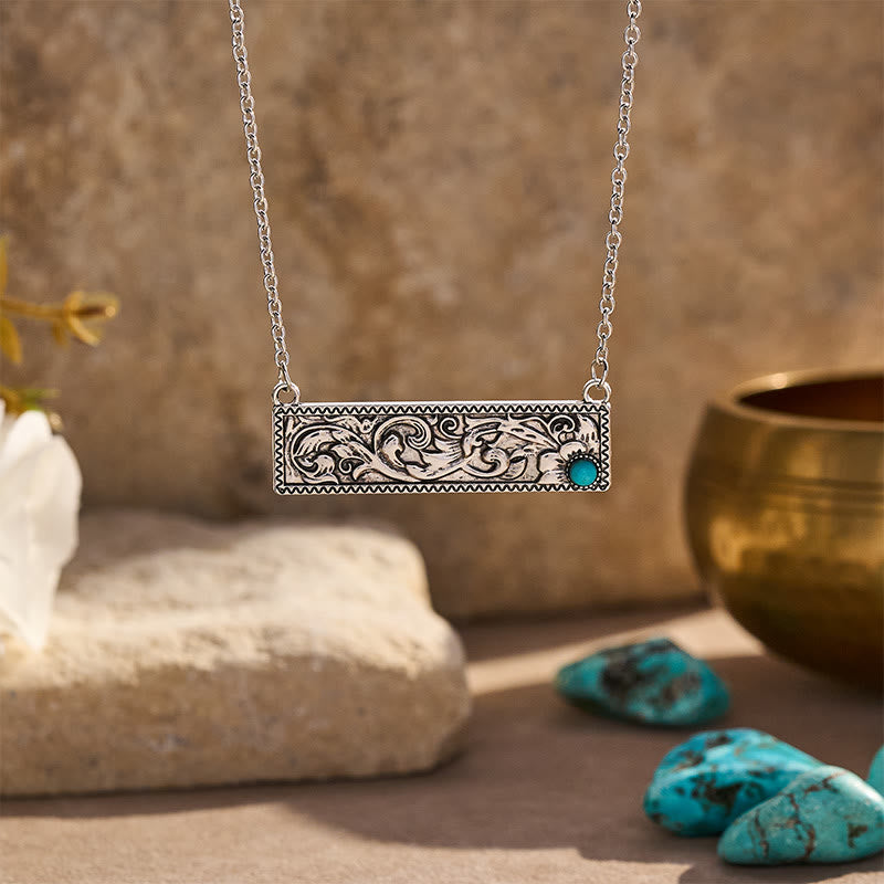 Boho-Vintage-Halskette mit graviertem rechteckigem Türkis - Silber - image 0