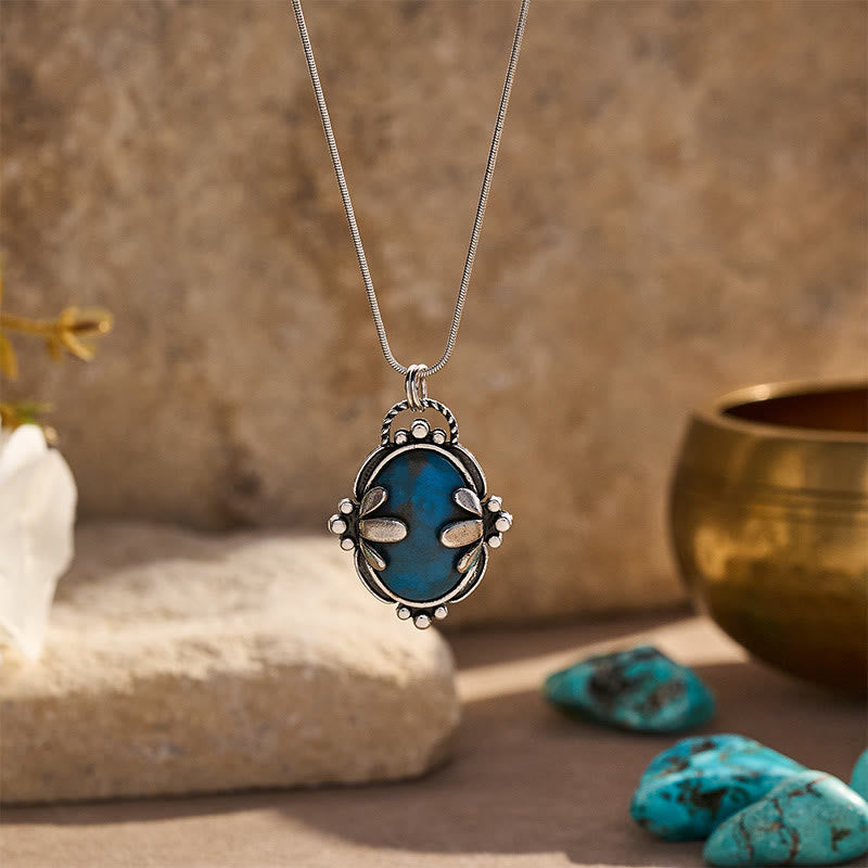Vintage Halskette mit ovalem Anhänger aus blauem Stein und floralem Design - Silber - image 0