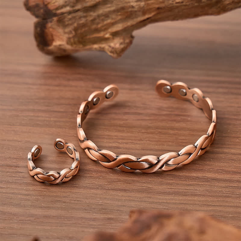 Geflochtenes, gedrehtes Armband- und Ring-Set aus reinem Kupfer mit Magnetverschluss - image 2