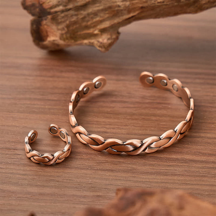 Geflochtenes, gedrehtes Armband- und Ring-Set aus reinem Kupfer mit Magnetverschluss - image 2