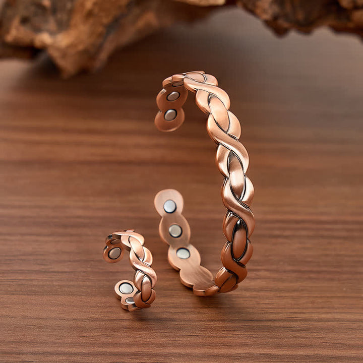 Geflochtenes, gedrehtes Armband- und Ring-Set aus reinem Kupfer mit Magnetverschluss - Armband + Ring - image 0