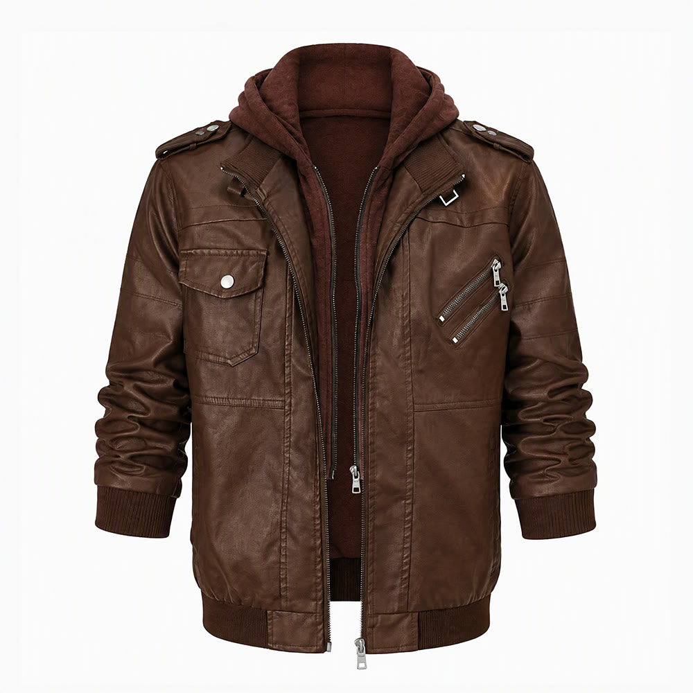Robuster Bikermantel mit Kapuze aus PU-Leder für Herren - Braun - 3XL - image 2