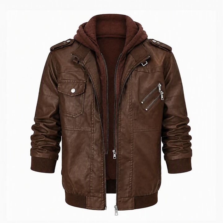 Robuster Bikermantel mit Kapuze aus PU-Leder für Herren - Braun - 3XL - image 2