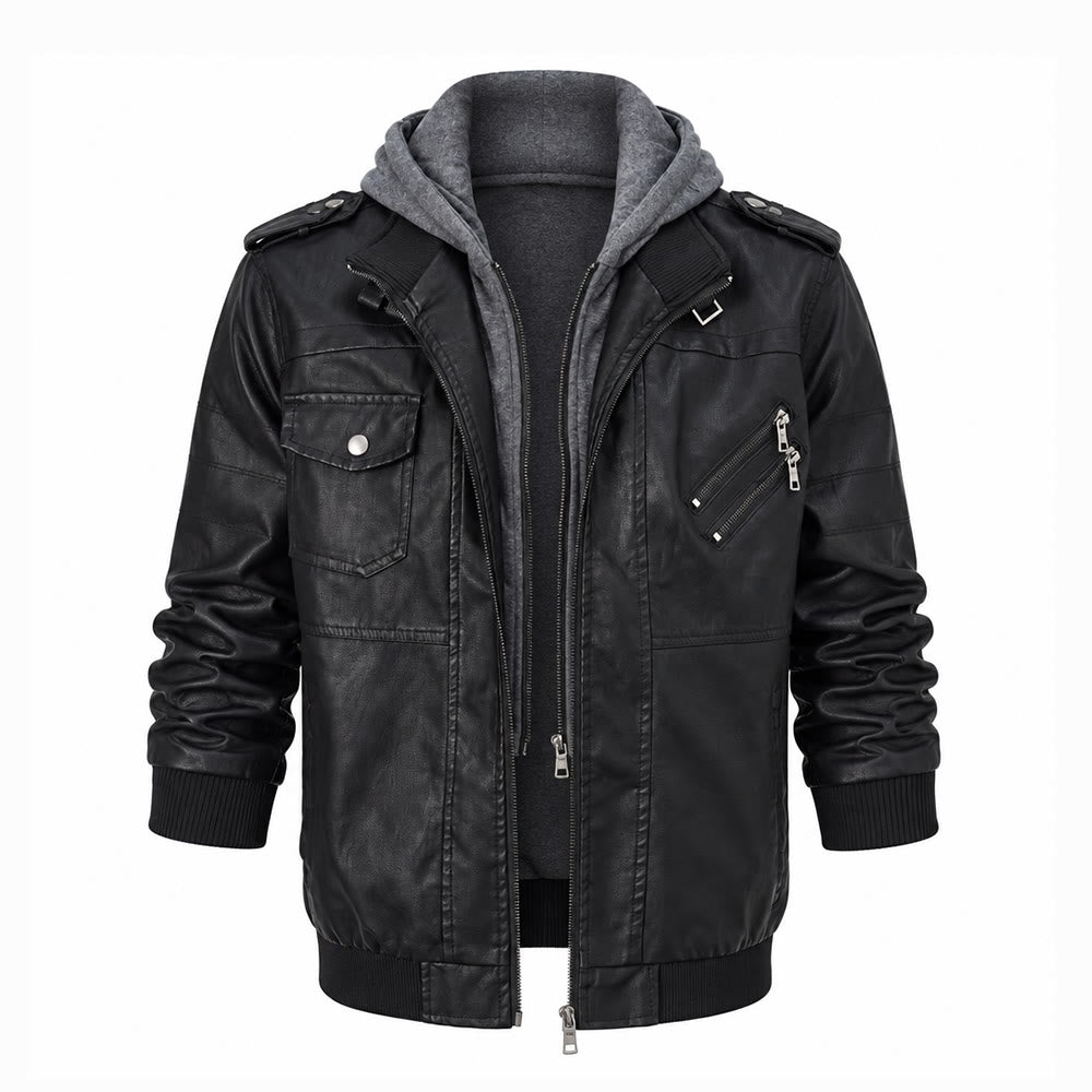 Robuster Bikermantel mit Kapuze aus PU-Leder für Herren - Schwarz - 3XL - image 1
