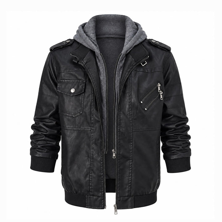 Robuster Bikermantel mit Kapuze aus PU-Leder für Herren - Schwarz - 3XL - image 1