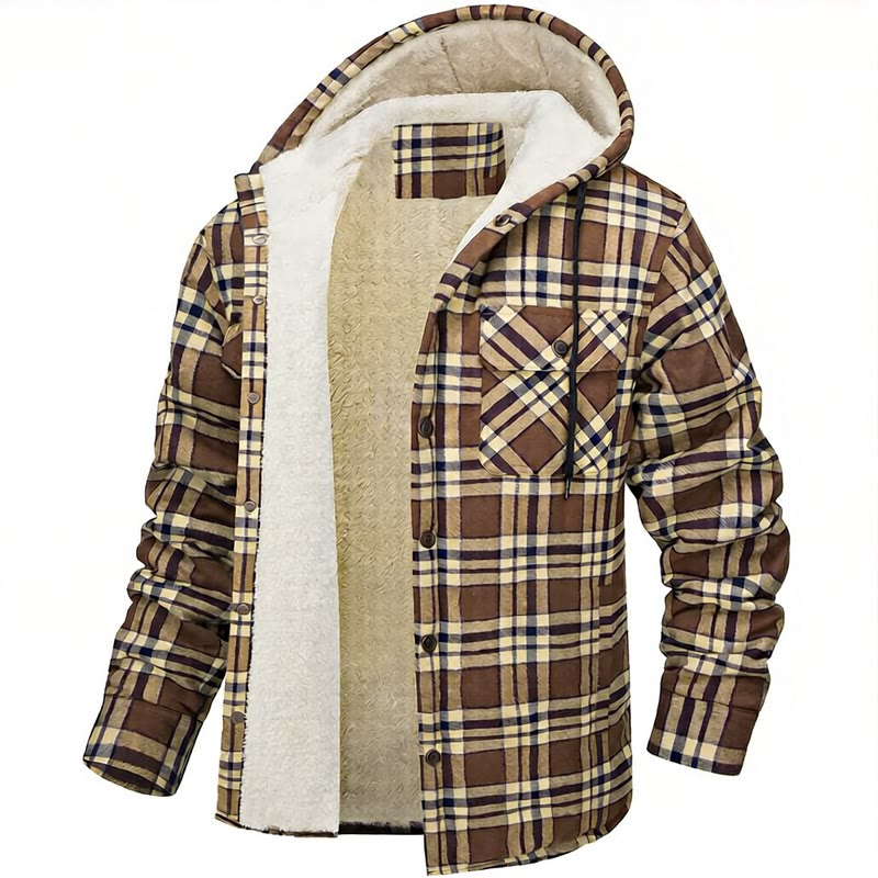 Herren-Kapuzenhemdjacke mit Karomuster und Fleecefutter - Khaki - 5XL - image 5