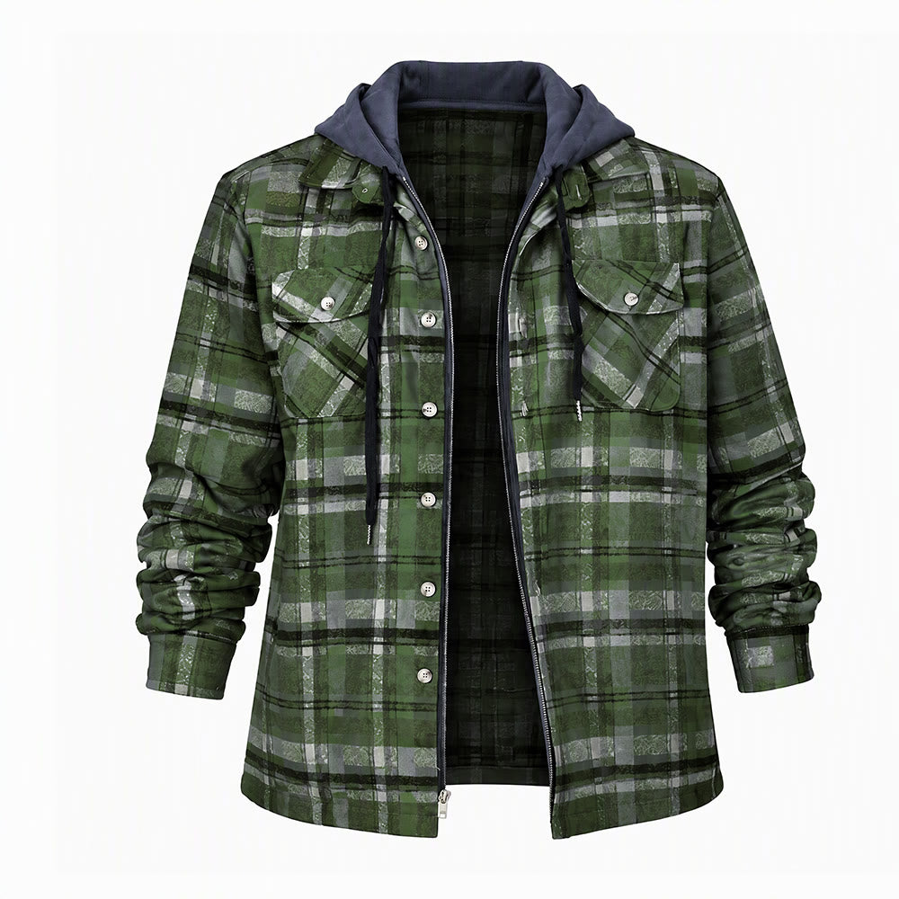 Herren-Stepphemdjacke mit Kapuze und Karomuster - Dunkelgrün - 4XL - image 2