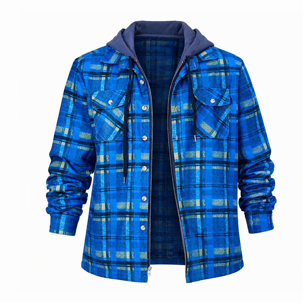 Herren-Stepphemdjacke mit Kapuze und Karomuster - Blau - 4XL - image 1