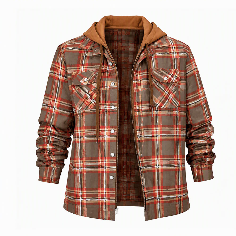 Herren-Stepphemdjacke mit Kapuze und Karomuster - Kaffee - 4XL - image 15