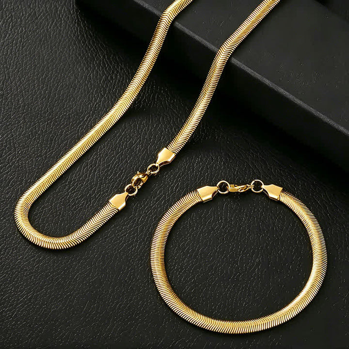 Armband und Halskette aus flachem Schlangenketten-Armband mit Fischgrätmuster - Gold - Halskette + Armband - image 5