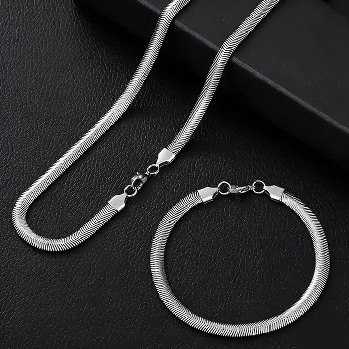Armband und Halskette aus flachem Schlangenketten-Armband mit Fischgrätmuster - Silber - Halskette + Armband - image 0