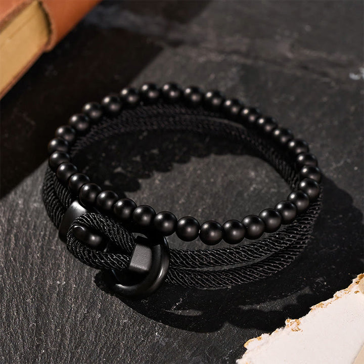 Minimalistisches zweiteiliges Armband-Set für Herren aus Perlen und Kordel - image 0