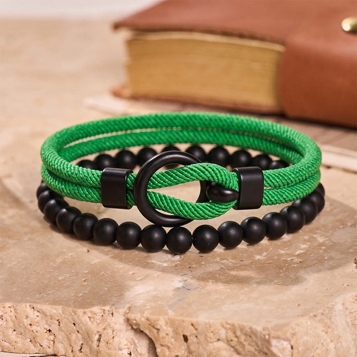 Minimalistisches zweiteiliges Armband-Set für Herren aus Perlen und Kordel - Grün - image 12