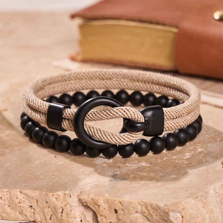 Minimalistisches zweiteiliges Armband-Set für Herren aus Perlen und Kordel - Khaki - image 4