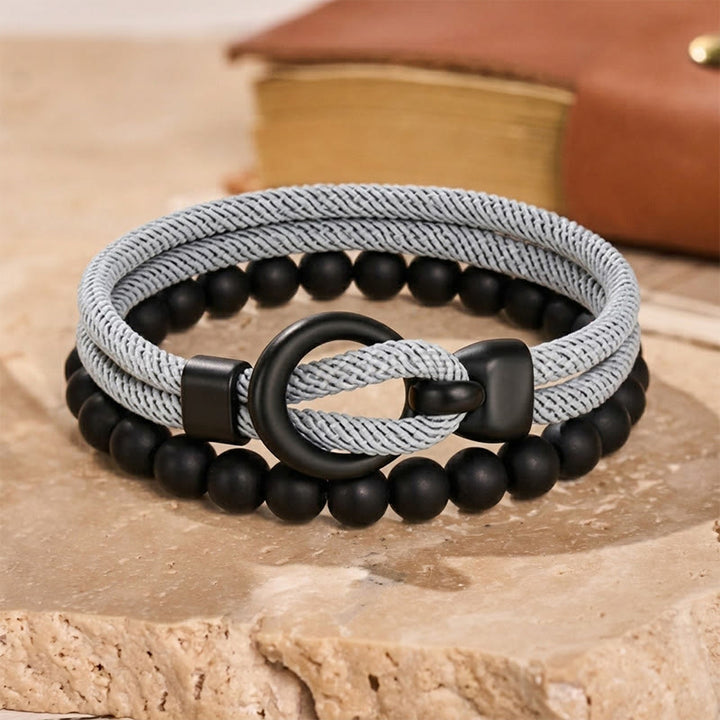 Minimalistisches zweiteiliges Armband-Set für Herren aus Perlen und Kordel - Hellgrau - image 6