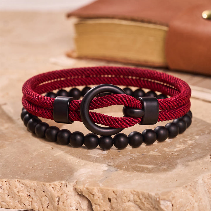 Minimalistisches zweiteiliges Armband-Set für Herren aus Perlen und Kordel - Wein - image 7