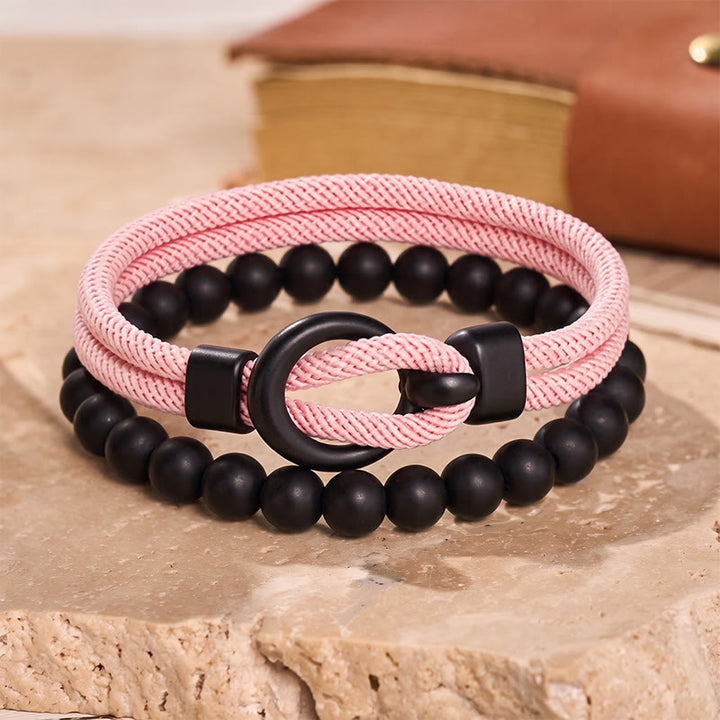 Minimalistisches zweiteiliges Armband-Set für Herren aus Perlen und Kordel - Hellrosa - image 20