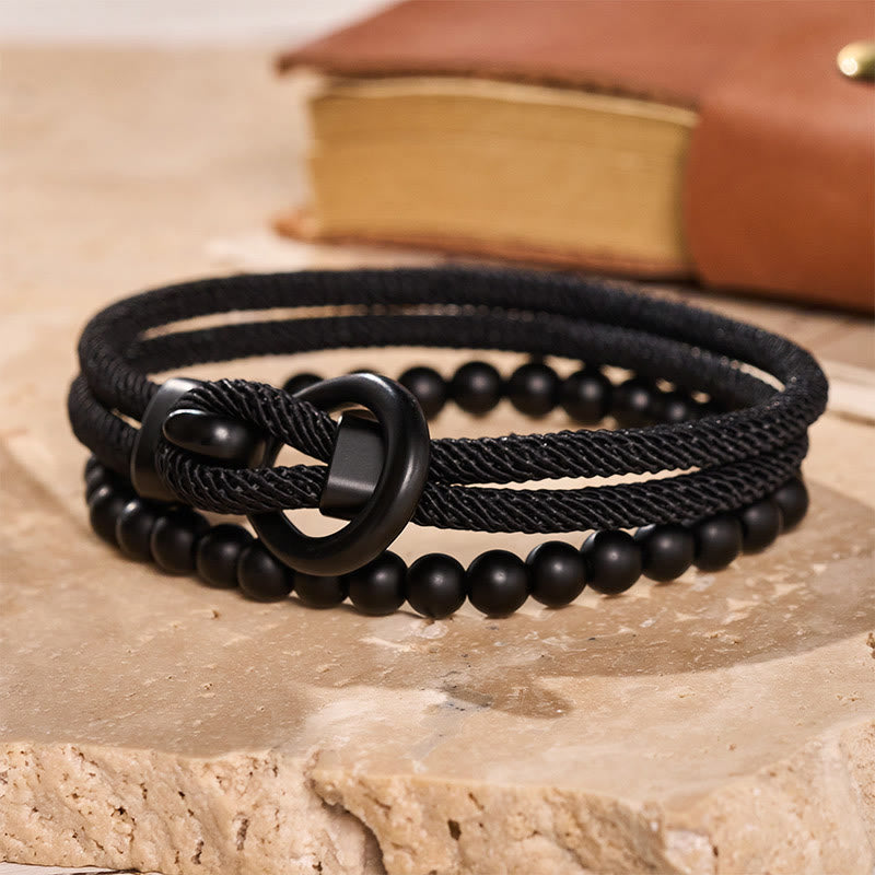 Minimalistisches zweiteiliges Armband-Set für Herren aus Perlen und Kordel - Schwarz - image 2