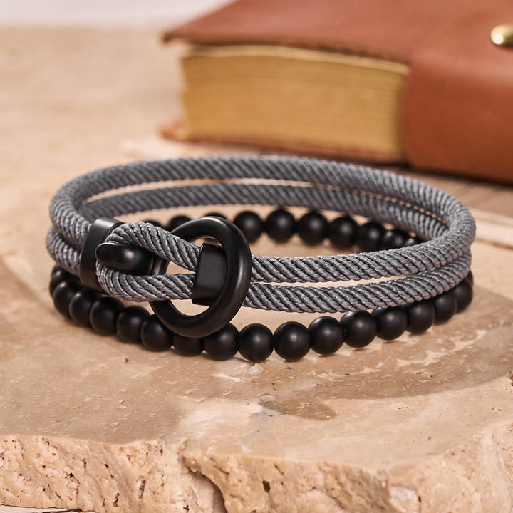 Minimalistisches zweiteiliges Armband-Set für Herren aus Perlen und Kordel - Dunkelgrau - image 5