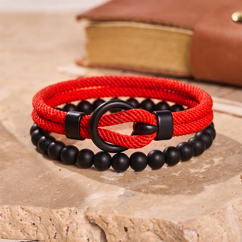 Minimalistisches zweiteiliges Armband-Set für Herren aus Perlen und Kordel - Rot - image 17