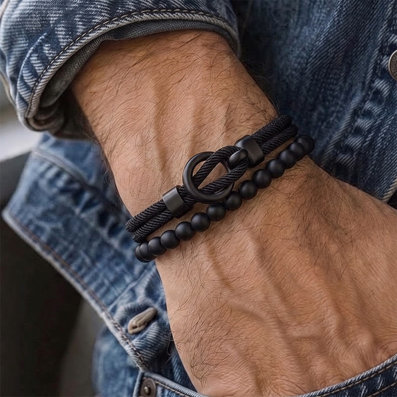 Minimalistisches zweiteiliges Armband-Set für Herren aus Perlen und Kordel - image 1