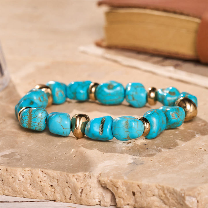 Boho Vintage Türkis Nugget Goldperlenarmband - Blau - image 2
