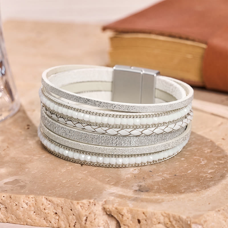 Boho Vintage Mehrlagiges Lederperlenarmband - Weiß - image 7