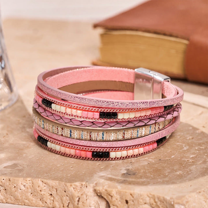 Boho Vintage Mehrlagiges Lederperlenarmband - Rosa - image 10