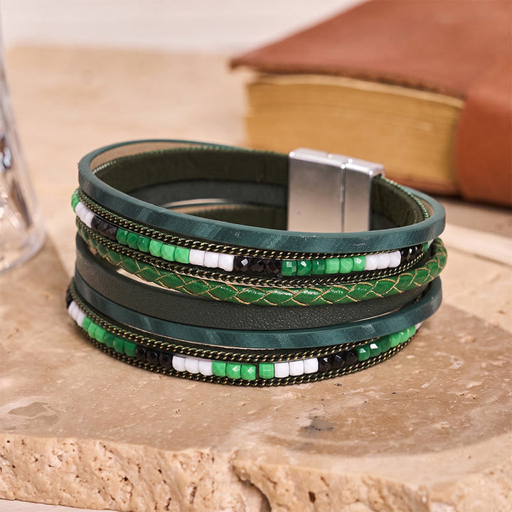 Boho Vintage Mehrlagiges Lederperlenarmband - Grün - image 12