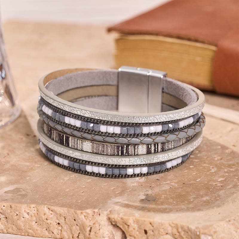 Boho Vintage Mehrlagiges Lederperlenarmband - Grau - image 8